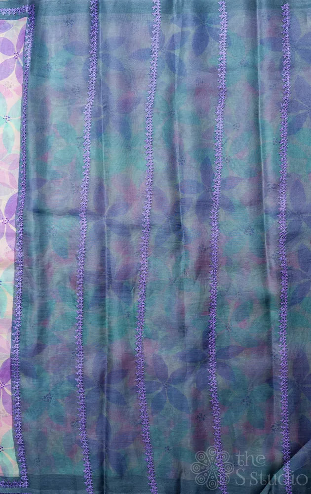 Pink, aqua blue and lavender floral block printed organza saree with hand kutch embriodery