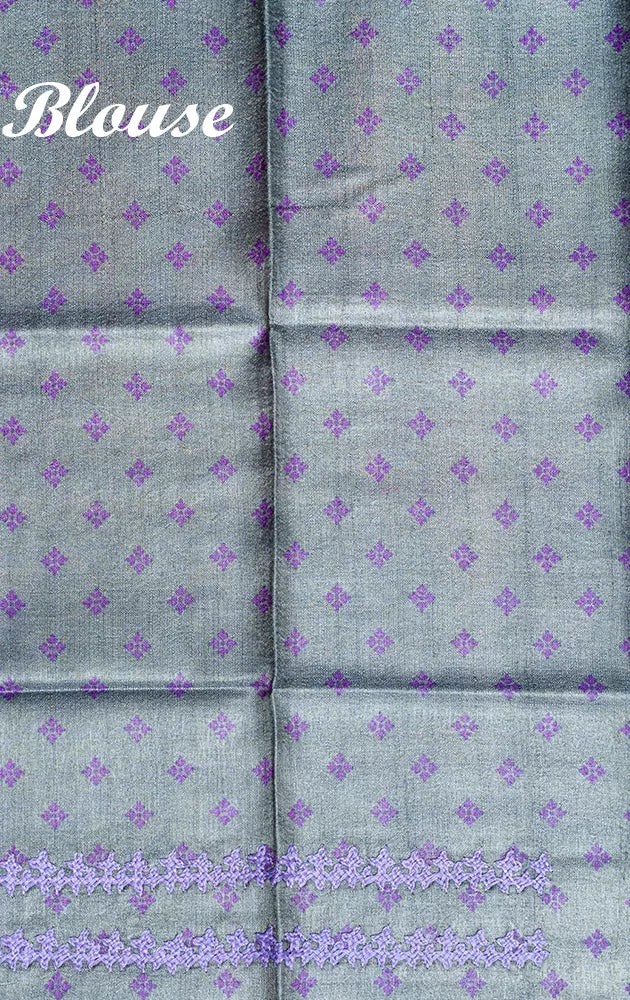 Pink, aqua blue and lavender floral block printed organza saree with hand kutch embriodery