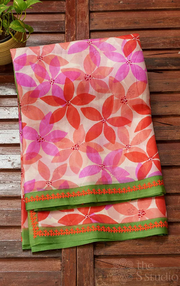 Orange and pink floral block printed organza saree with hand kutch embroidery