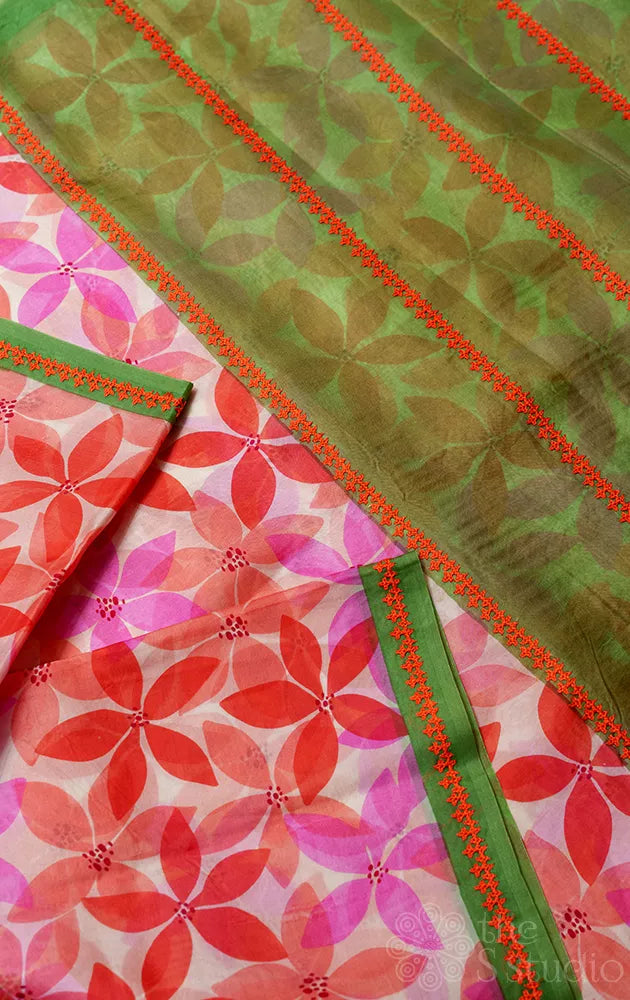 Orange and pink floral block printed organza saree with hand kutch embroidery