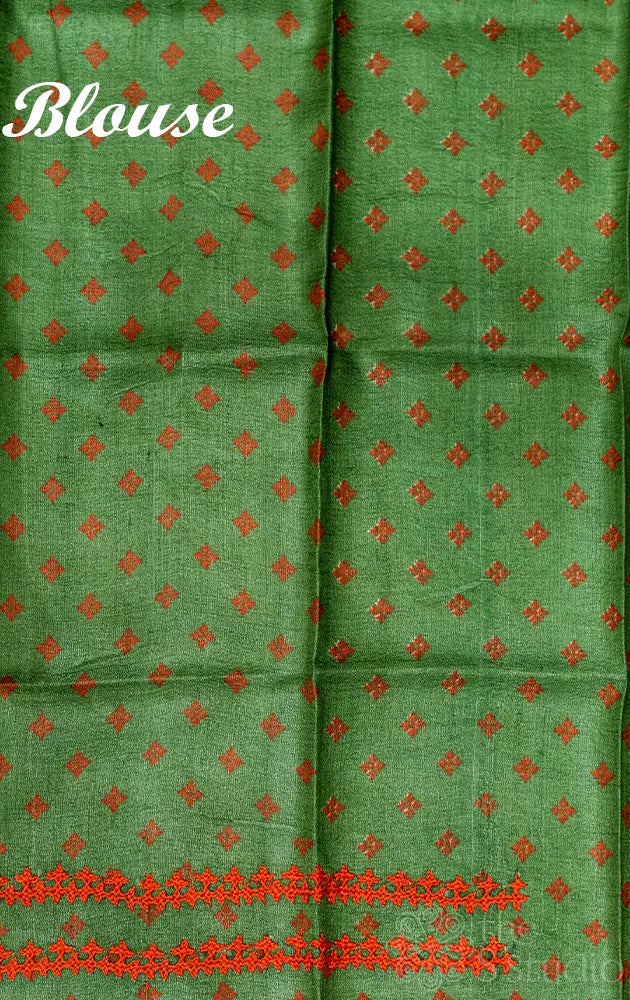 Orange and pink floral block printed organza saree with hand kutch embroidery