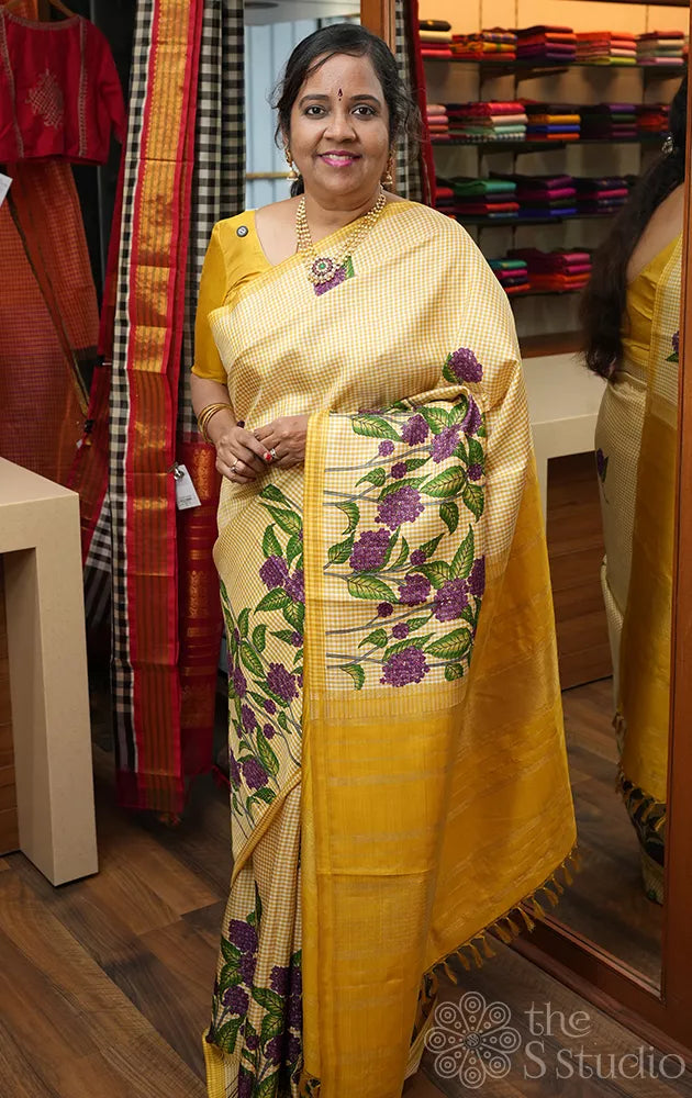 Off white and sampanga green checked digital printed kanchi silk saree