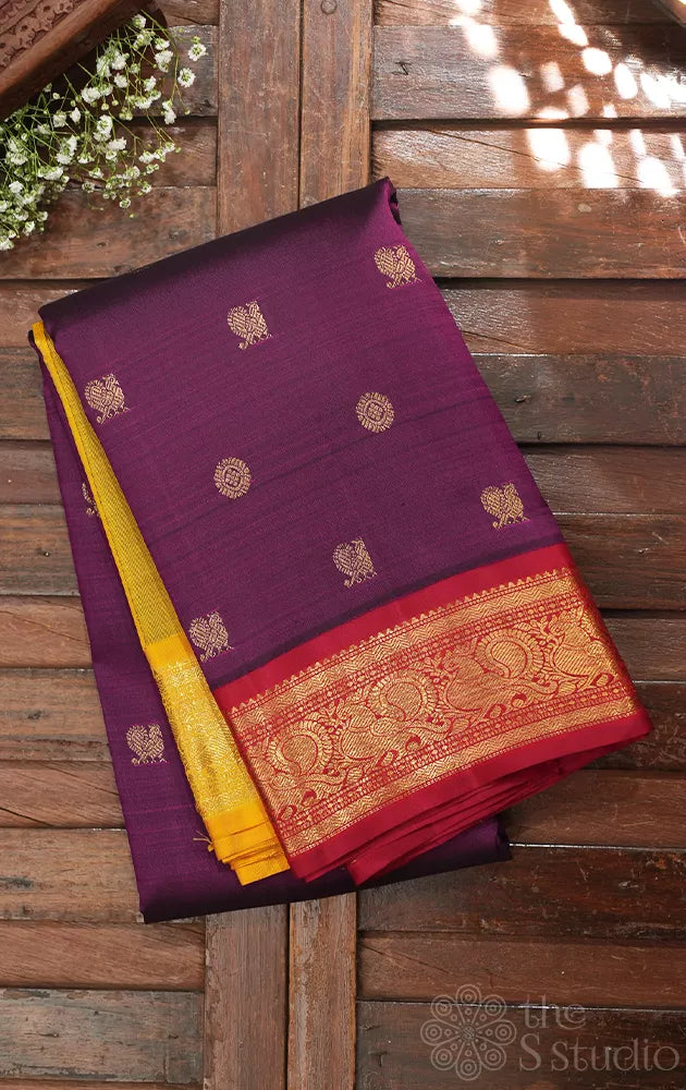 Deep purple korvai kanchipuram silk saree with yellow and red ganga jamuna border