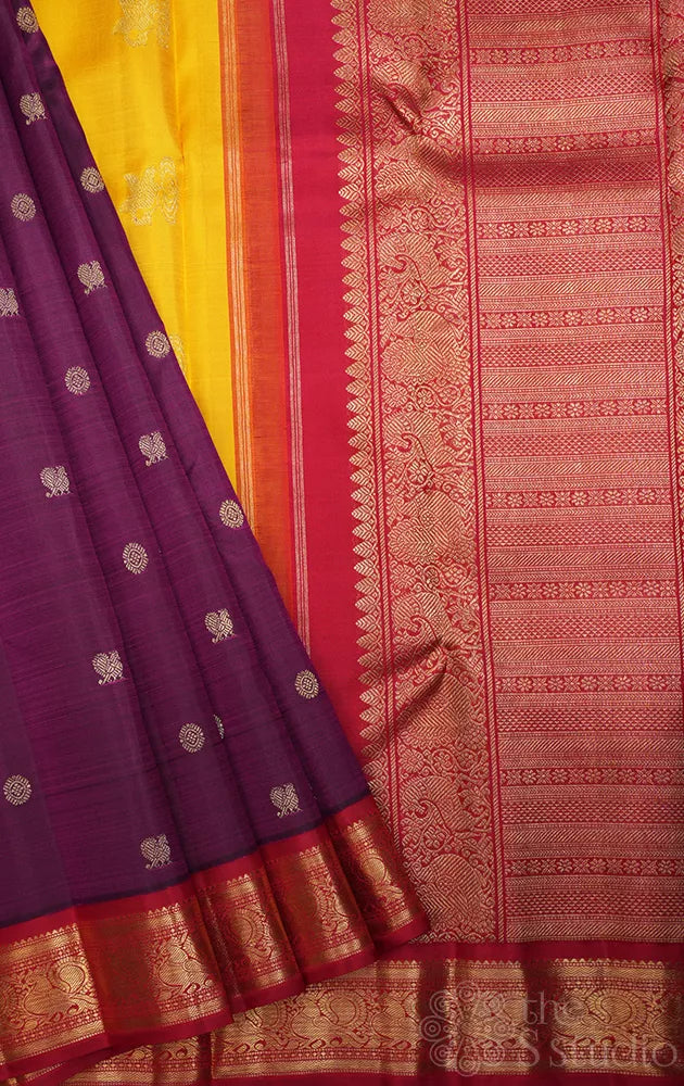 Deep purple korvai kanchipuram silk saree with yellow and red ganga jamuna border