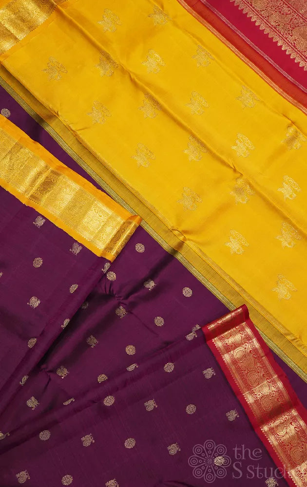 Deep purple korvai kanchipuram silk saree with yellow and red ganga jamuna border