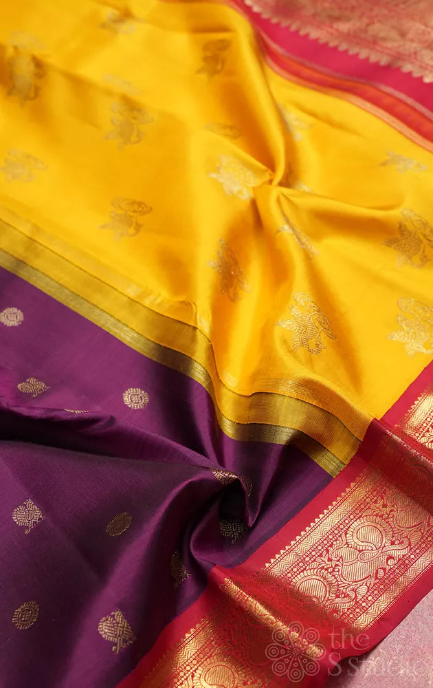 Deep purple korvai kanchipuram silk saree with yellow and red ganga jamuna border