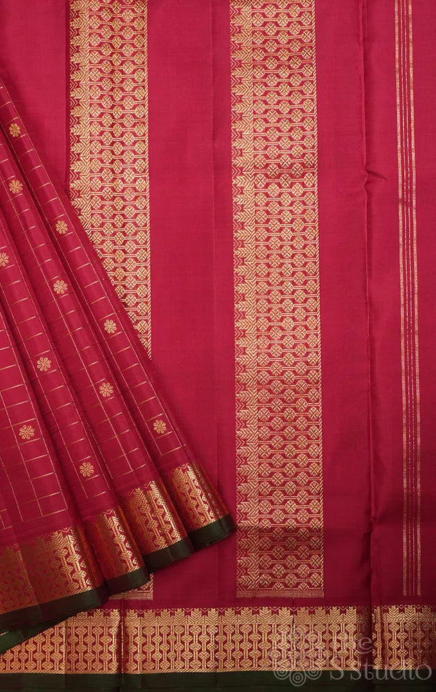 Maroon zari checked madisar kanchipuram silk saree with zari border
