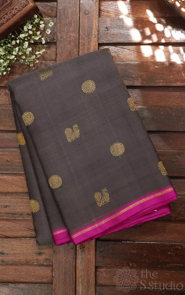 Cocoa brown Kora Kanchipuram silk saree with mayil chakram buttas