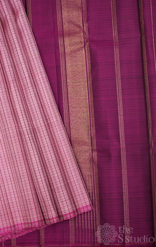 Onion pink kanchipuram silk saree with magenta checks