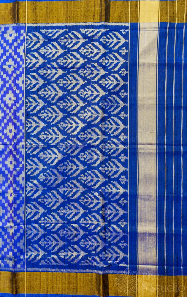 Royal blue rajkot patola ikkat pure silk saree with geometric diamond weave
