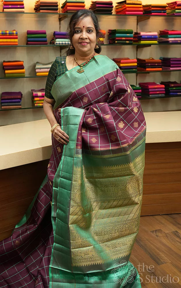 Brown zari checked kanchipuram silk saree with teal green border
