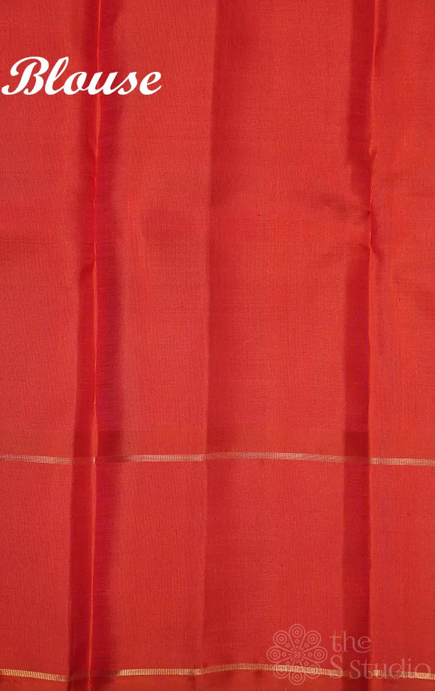 Rust kanjivaram silk saree with thread lines and simple zari border