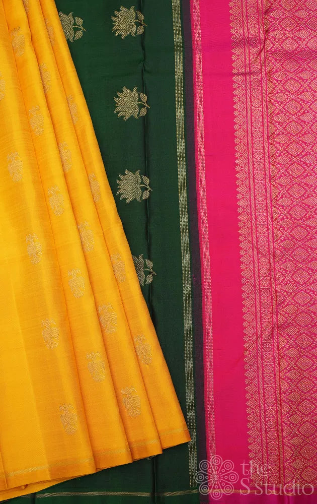 Mango yellow kanchipuram silk saree with double pallu