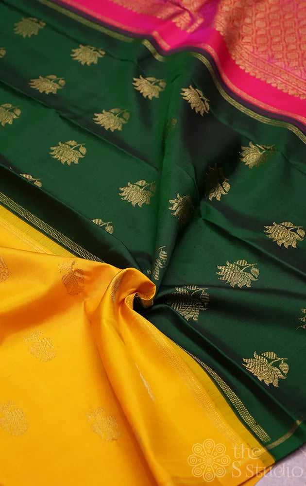 Mango yellow kanchipuram silk saree with double pallu