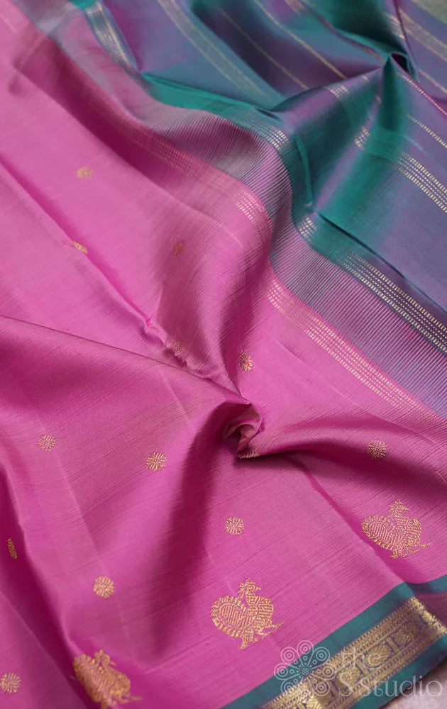 Lotus pink kanjivaram silk saree with small peacock blue border