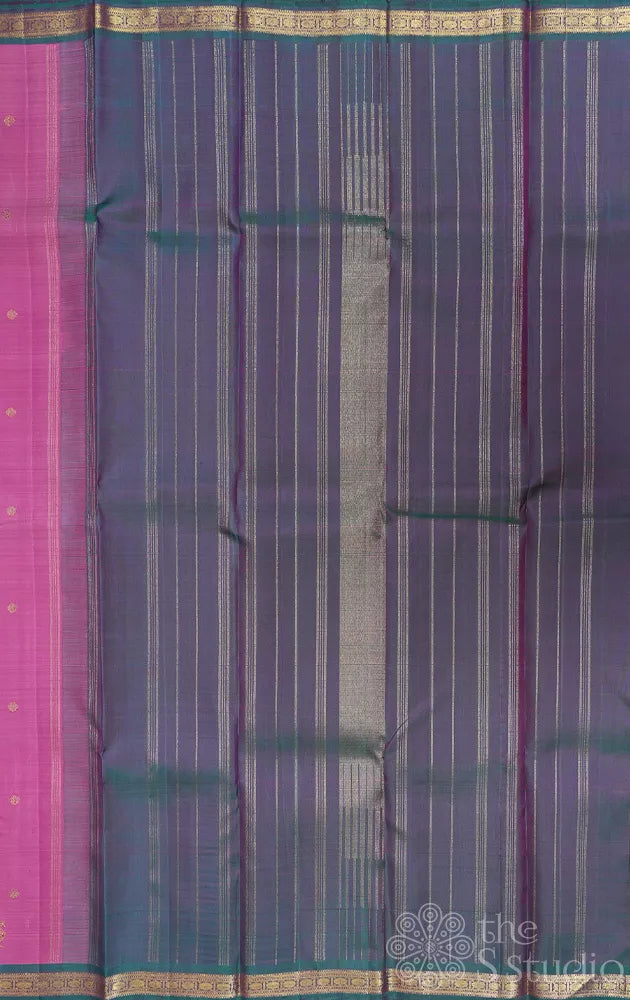 Lotus pink kanjivaram silk saree with small peacock blue border