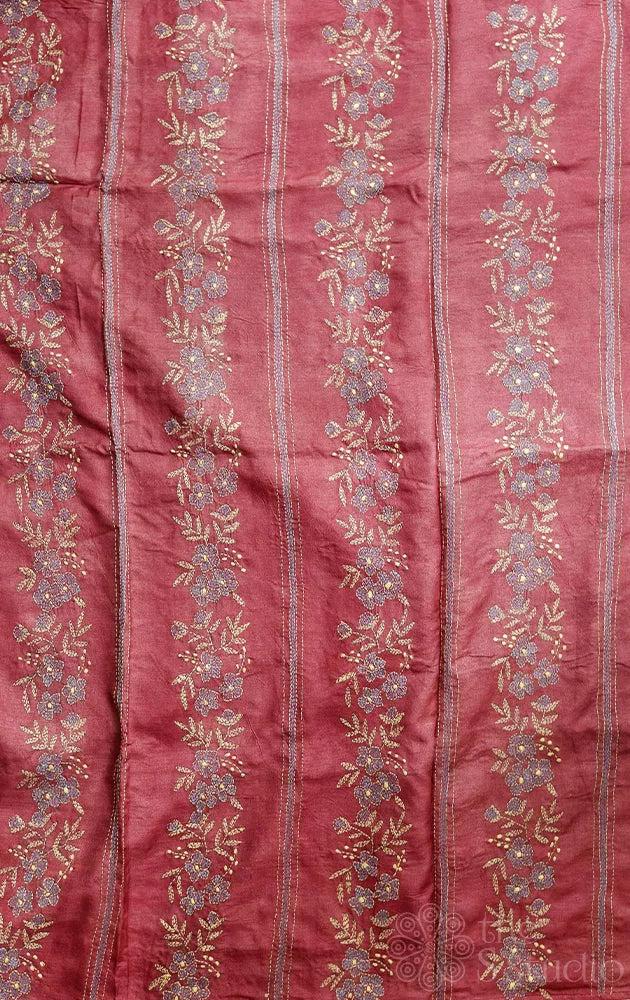 Blue tussar kalamkari saree with maroon hand embroidered pallu
