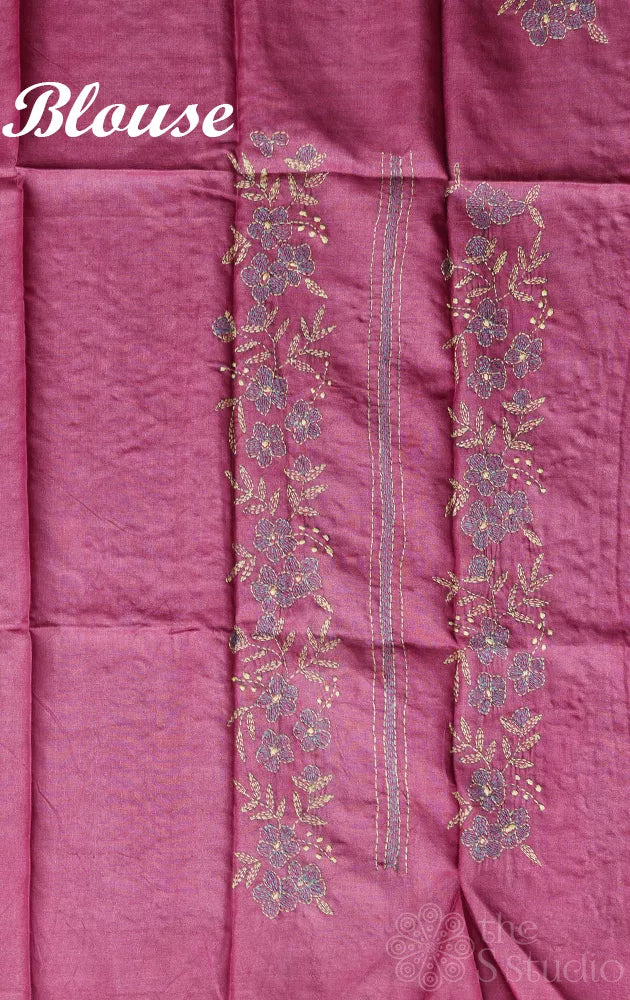 Blue tussar kalamkari saree with maroon hand embroidered pallu