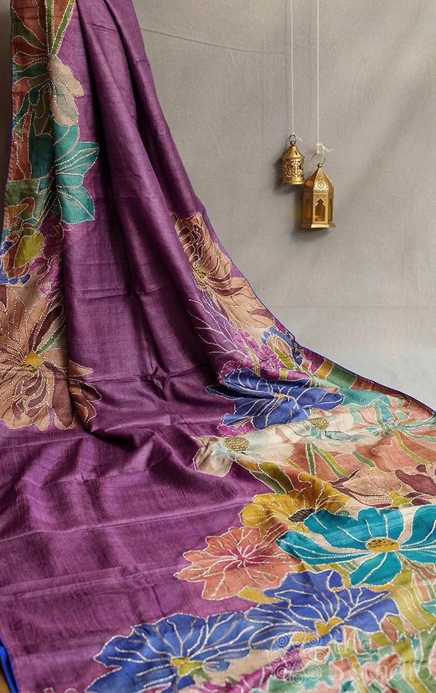 Purple tussar silk saree with floral hand painting and hand embroidery