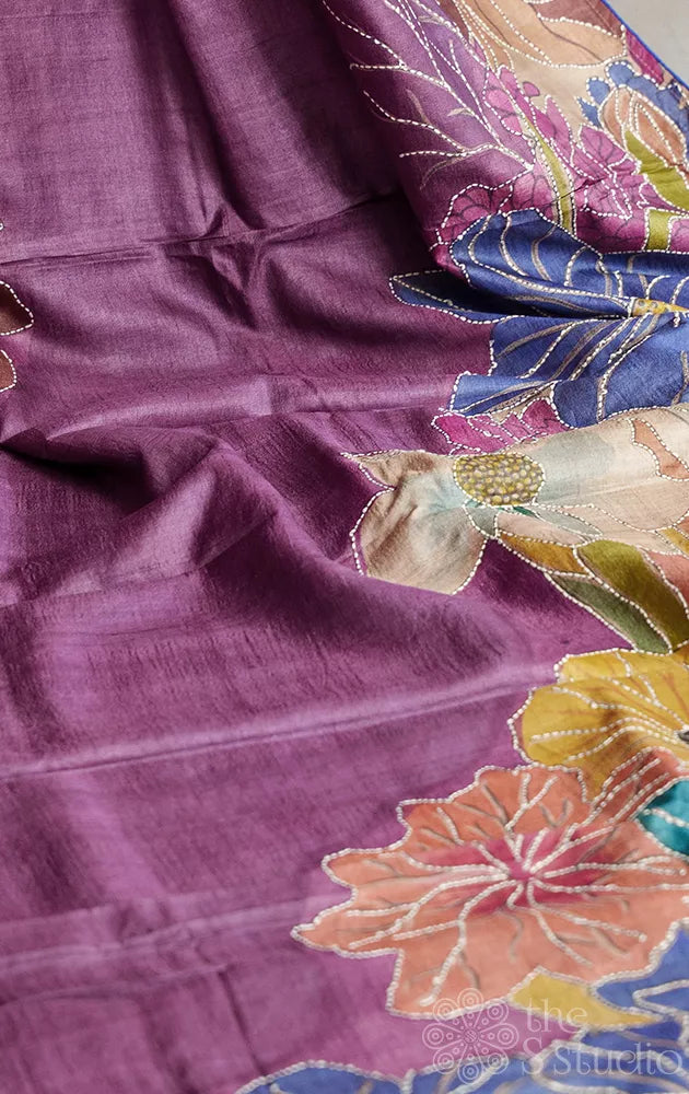 Purple tussar silk saree with floral hand painting and hand embroidery