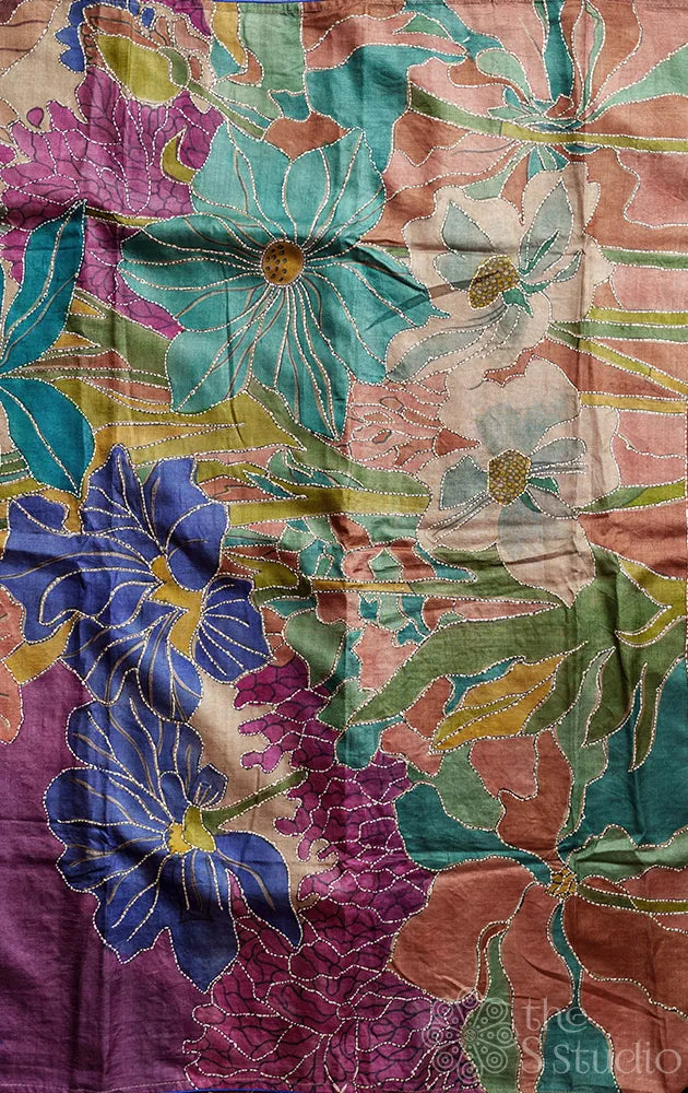 Purple tussar silk saree with floral hand painting and hand embroidery