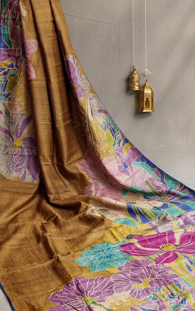 Khaki brown tussar silk saree with floral hand painting and hand embroidery