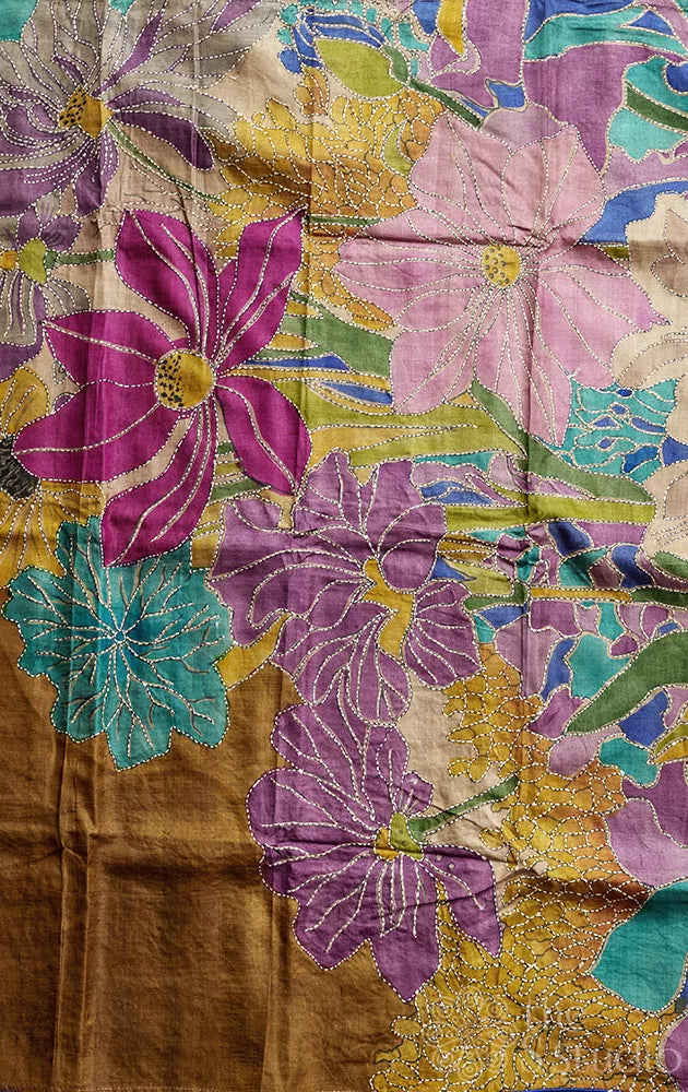 Khaki brown tussar silk saree with floral hand painting and hand embroidery