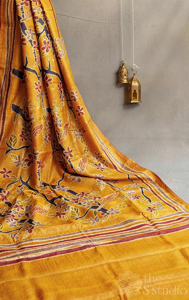 Mustard pure tussar silk saree with hand batik prints