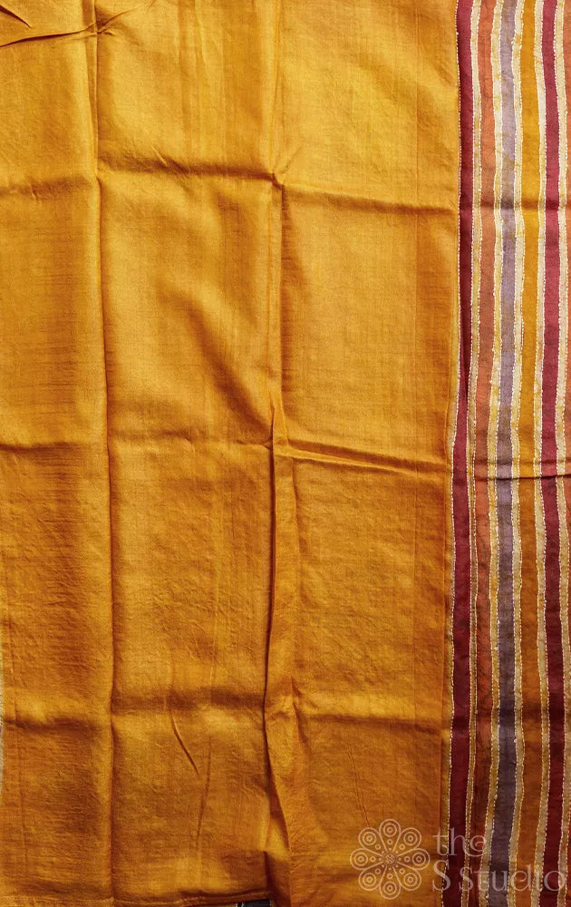 Mustard pure tussar silk saree with hand batik prints