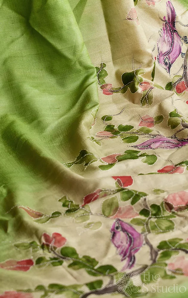 Light green and off white tussar silk saree with hand batik prints