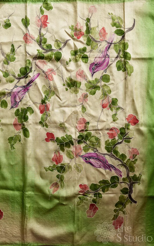 Light green and off white tussar silk saree with hand batik prints