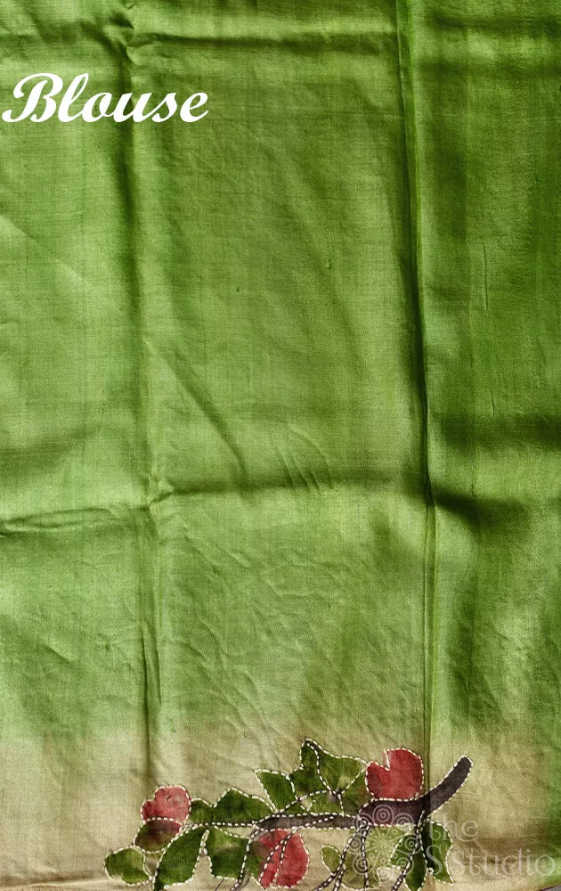 Light green and off white tussar silk saree with hand batik prints