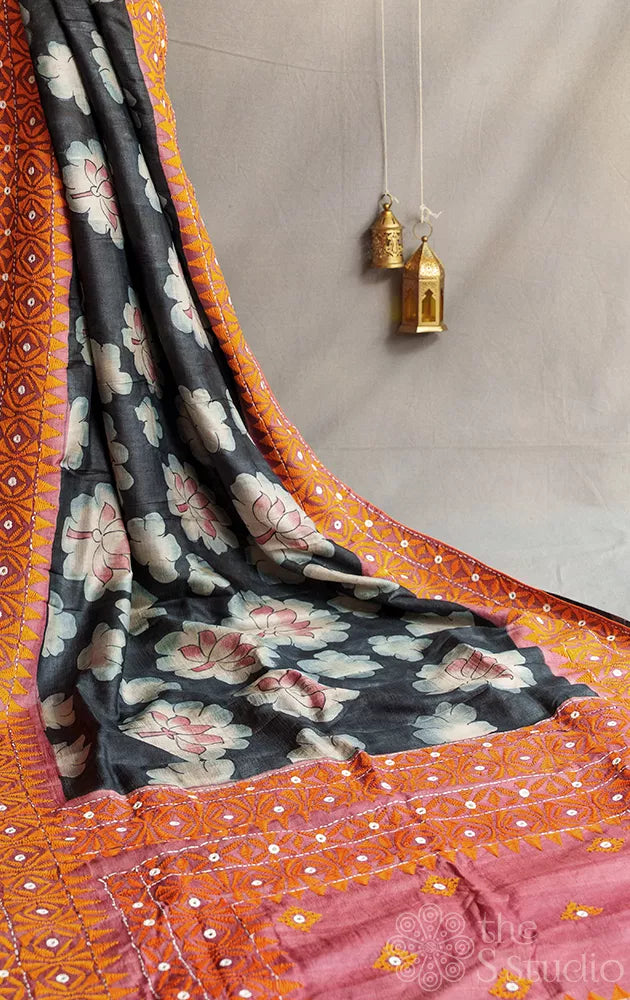 Black hand painted kalamkari tussar silk saree with kathiawari hand embroidery