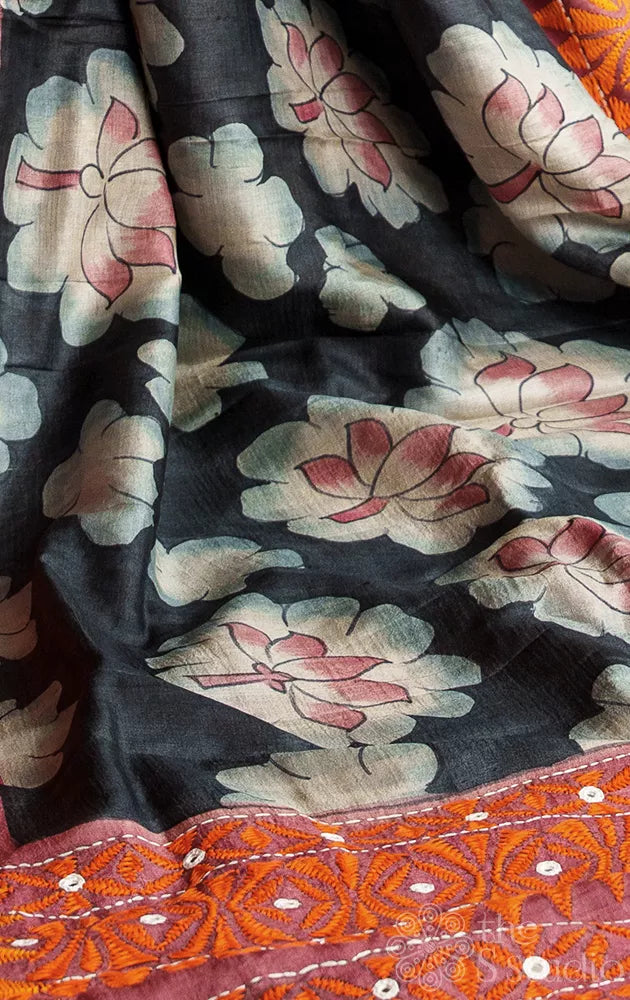 Black hand painted kalamkari tussar silk saree with kathiawari hand embroidery