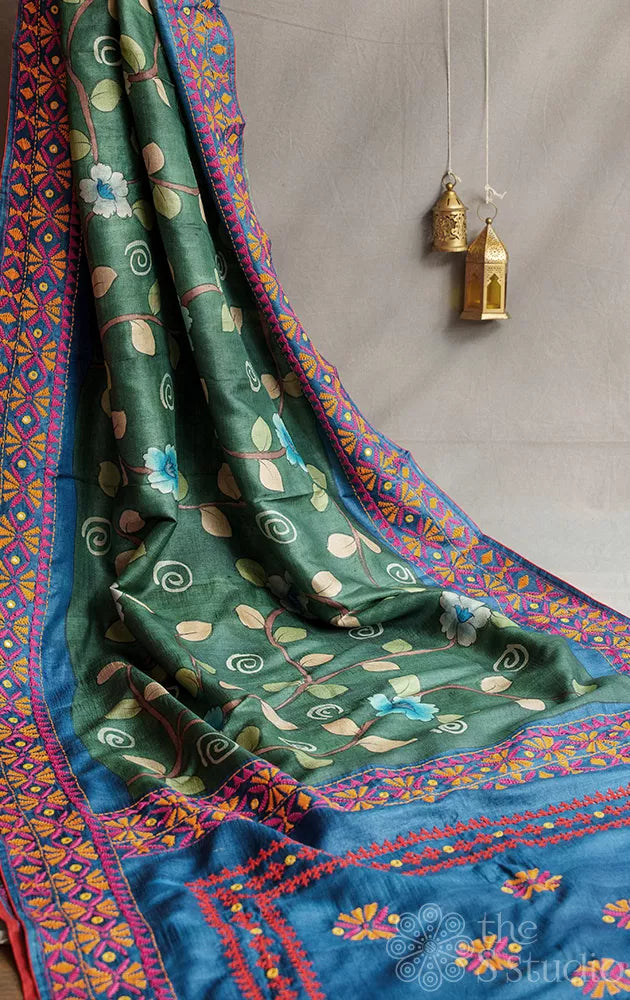 Dark green hand painted kalamkari tussar silk sarree with kathiawari hand embroidery