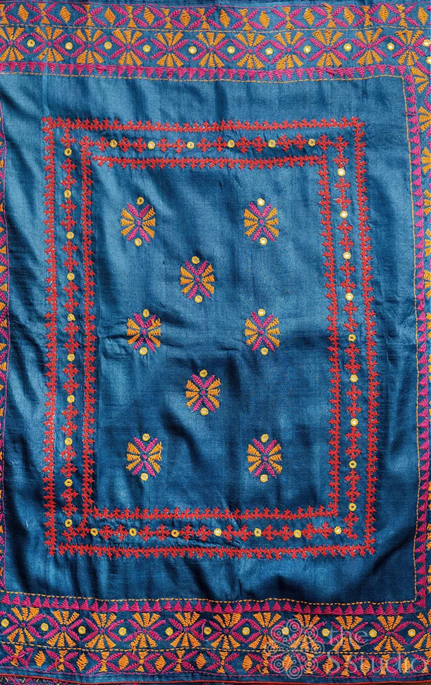 Dark green hand painted kalamkari tussar silk sarree with kathiawari hand embroidery