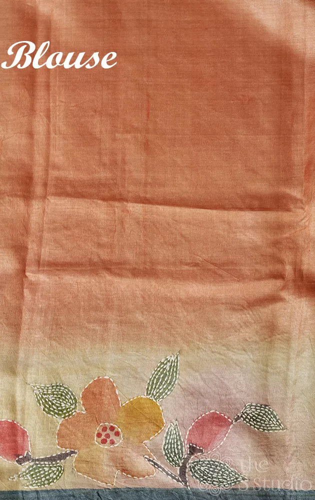 Shades of peach and light yellow tussar silk saree with batik print