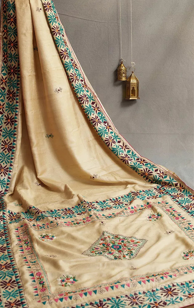 Off white tussar silk saree with kathiawari hand embroidery