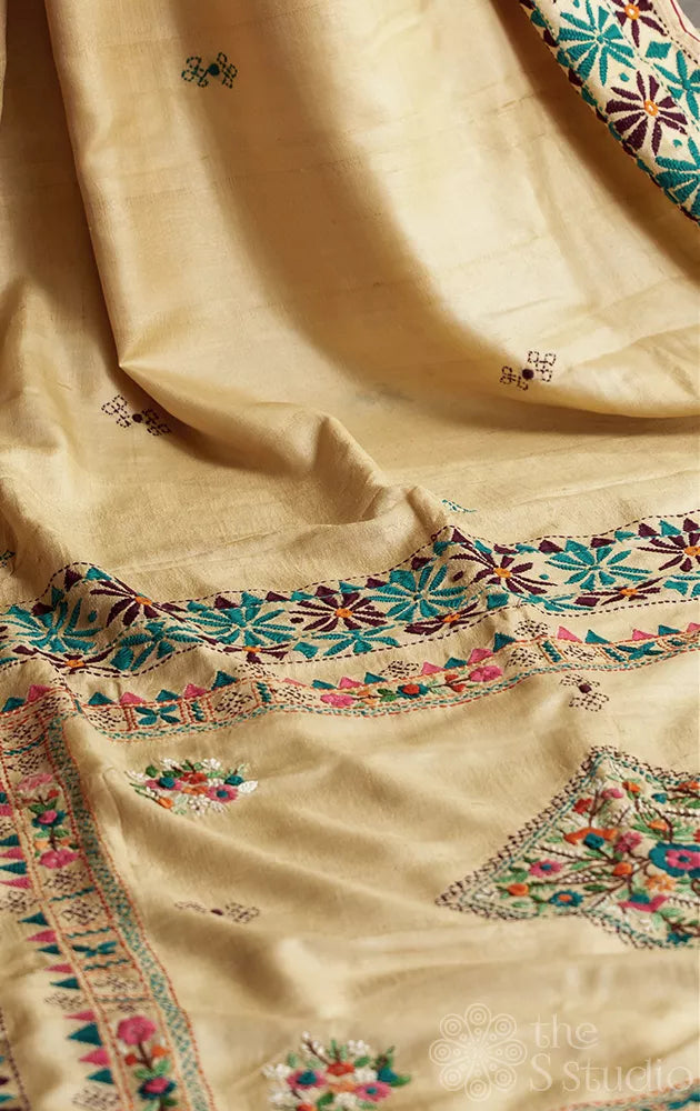 Off white tussar silk saree with kathiawari hand embroidery