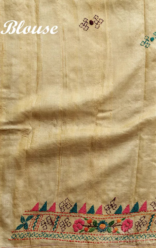 Off white tussar silk saree with kathiawari hand embroidery