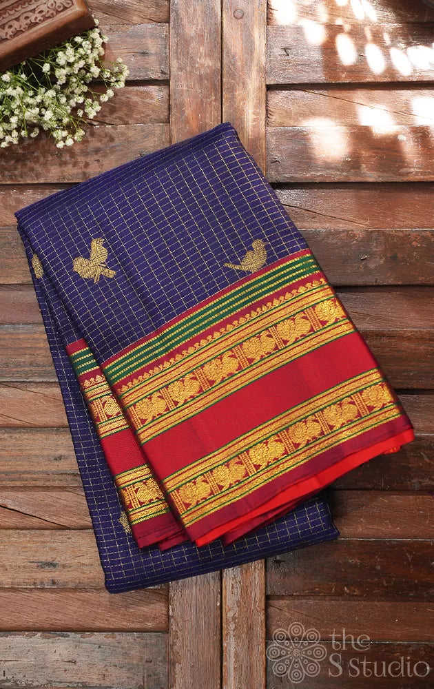 Navy blue checked kanjivaram silk saree with red rettaipet border