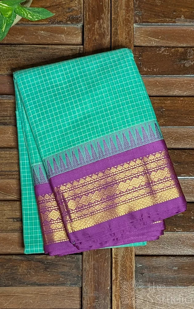 Rexona green checked gadwal cotton saree with purple border