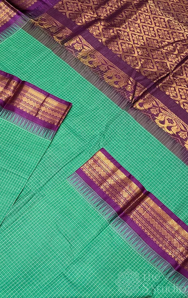 Rexona green checked gadwal cotton saree with purple border