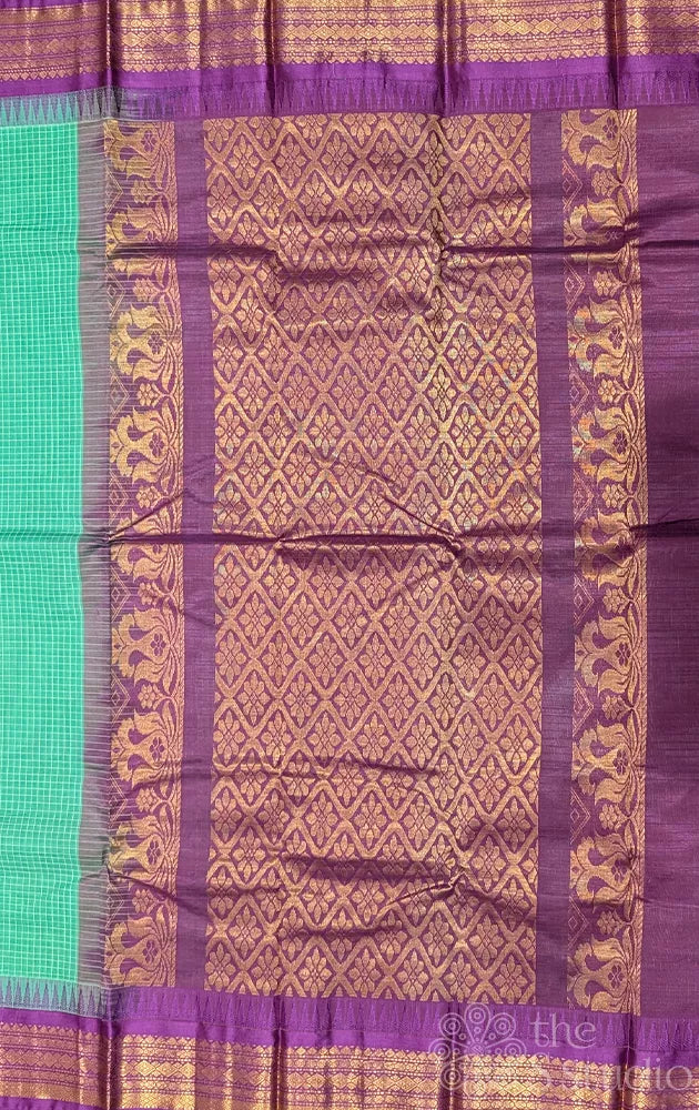 Rexona green checked gadwal cotton saree with purple border