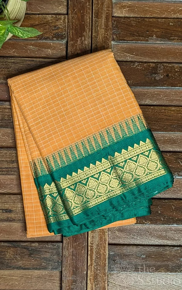 Light orange checked gadwal cotton saree with teal green border