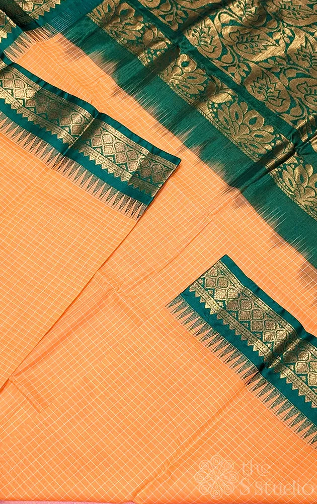 Light orange checked gadwal cotton saree with teal green border