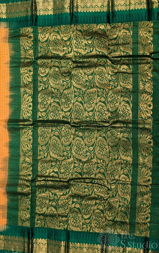 Light orange checked gadwal cotton saree with teal green border