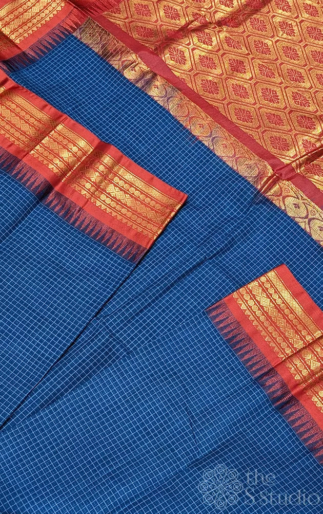 Midnight blue checked gadwal cotton saree with red border