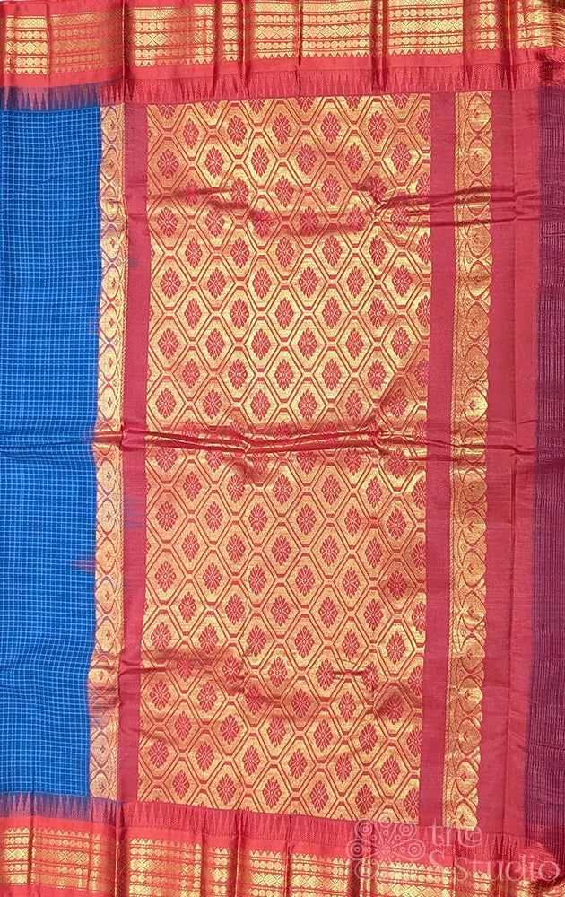 Midnight blue checked gadwal cotton saree with red border