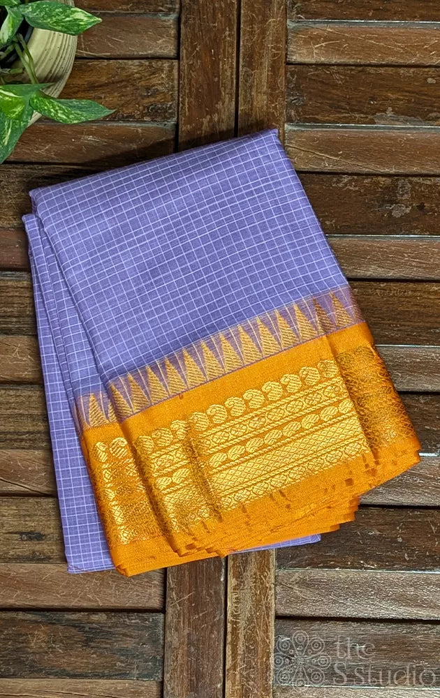 Lavender checked gadwal cotton saree with light orange border